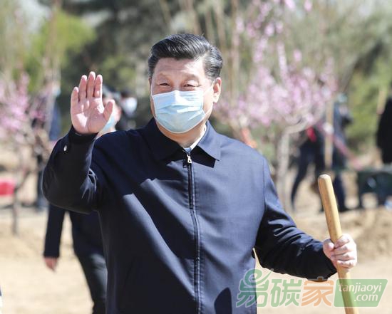 2020年4月3日，黨和國家領導人習近平、李克強、栗戰(zhàn)書、汪洋、王滬寧、趙樂際、韓正、王岐山等來到北京市大興區(qū)舊宮鎮(zhèn)參加首都義務植樹活動。這是習近平拿起鐵鍬走向植樹地點，向正在植樹的干部群眾揮手致意。新華社記者龐興雷攝